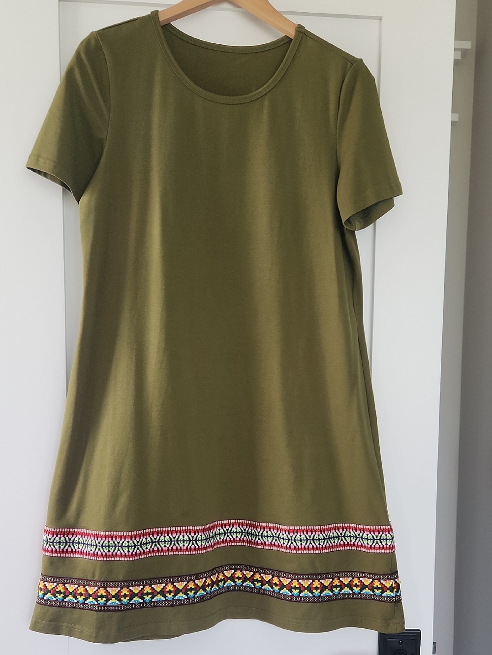 Olive Green Short Sleeve Dress with Embroidered Hem Size M